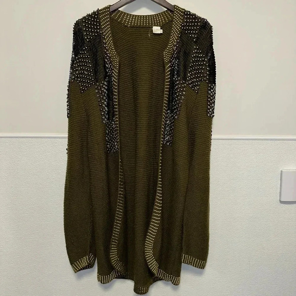 Women's Missing Tag Cardigan M Olive Green Gold Beaded Wool - Picture 9 of 16